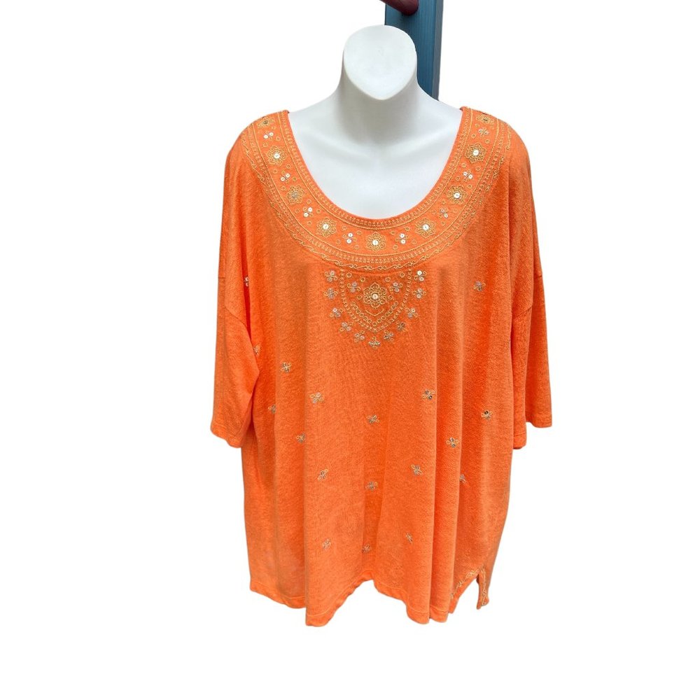 J. Jill Love Linen Embroidered & Beaded Scoop Neck Blouse Top Orange/Gold Size L